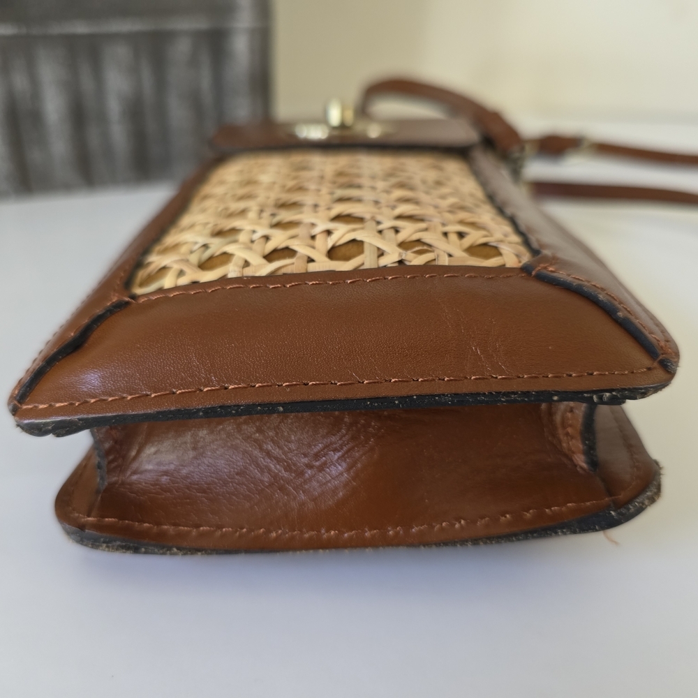 Patricia Nash Woven Rattan Cognac Leather Phone Crossbody Bag Boho Resort Summer - Picture 6 of 11